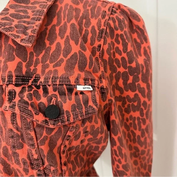 NWT MOTHER Puffy Bruiser Scooter Radioactive Paws Leopard Orange denim Jacket M - Picture 3 of 16